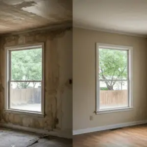 Water damage restoration before and after — water extraction and drying